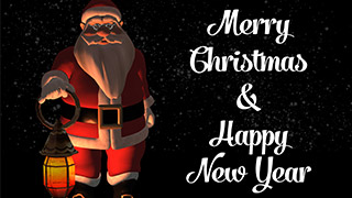 3D Santa with Lamp Dark Snowy background Merry Christmas Greeting