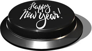 3D Render of big juicy button: Happy New Year Black 1