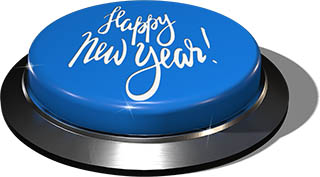 3D Render of big juicy button: Happy New Year Blue
