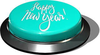 3D Render of big juicy button: Happy New Year Blue