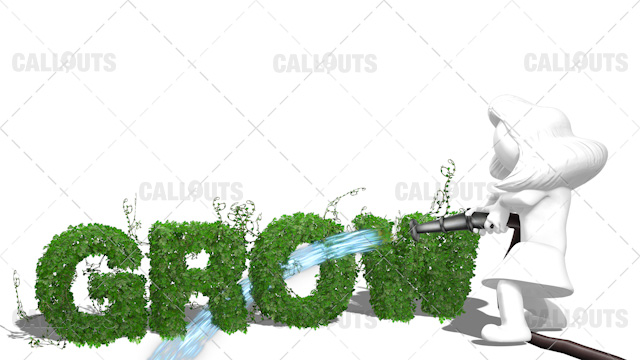 3D Girl Watering the Text Grow with a Large Firemans Waterhose White Background