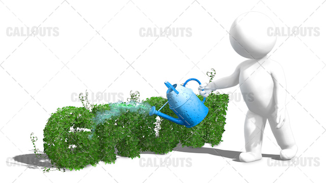 3D Guy Watering the Text Grow with a Wateringpot White Background