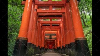 Fushimi Inari-taisha shrine in forest, Orange pillars. Kyoto, Japan.