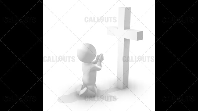 3D Guy Kneeling and Praying in Front of a Cross