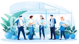 People with Tablets in a Glass Room Business Illustration