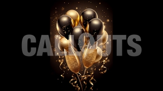 Happy New Year Concept Graphic Vertical Champagne Black Gold Balloons Streamers 2024
