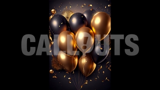 Happy New Year Concept Graphic Vertical Balloons Gold Black Firework Streamers 2024