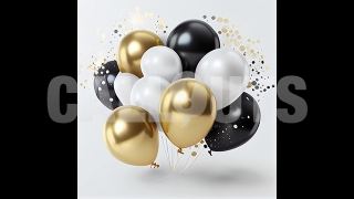 Happy New Year Concept Graphic Square Balloons Black White Gold2 2024