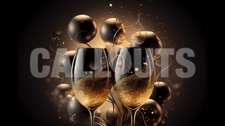 Happy New Year Concept Horizontal Champagne Glass Cheer Gold Black Balloons2 2024