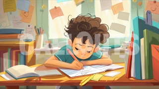 Focused Child Writing at Cluttered Desk – Education Illustration